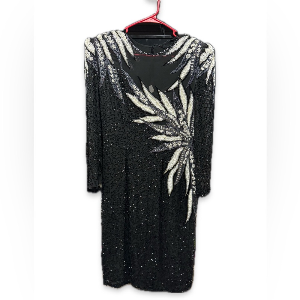 1970 Heavily Beaded Long Sleeve Black Saks Fifth Ave Cocktail Dress Size 10